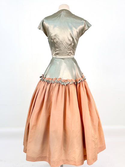 Late 1940s Sage Green Liquid Satin and Tan Leafed Trimmed Evening Gown / Waist 26