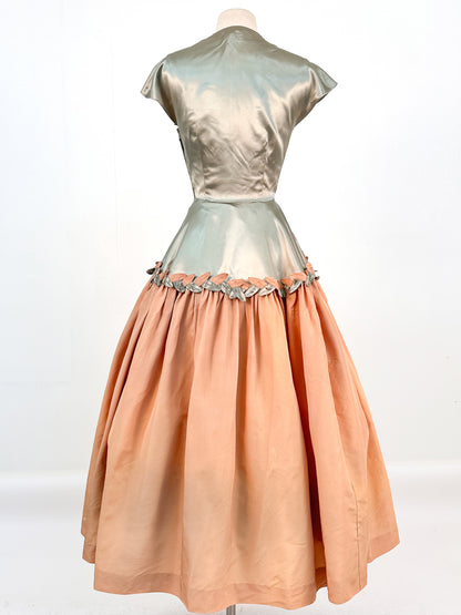Late 1940s Sage Green Liquid Satin and Tan Leafed Trimmed Evening Gown / Waist 26