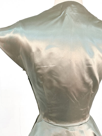 Late 1940s Sage Green Liquid Satin and Tan Leafed Trimmed Evening Gown / Waist 26