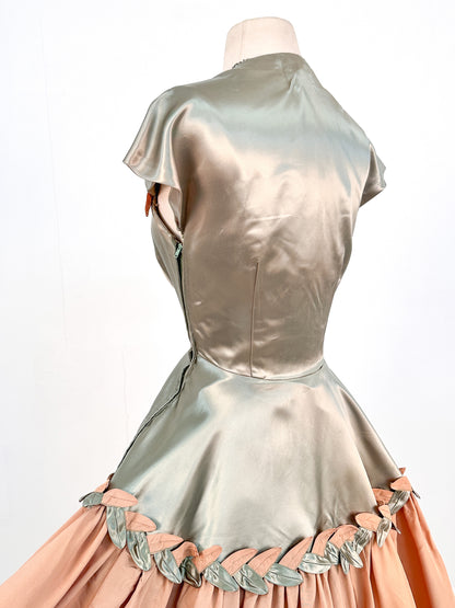 Late 1940s Sage Green Liquid Satin and Tan Leafed Trimmed Evening Gown / Waist 26