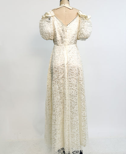 1970s White Lace Gown with Puffy Sleeves / Waist 26