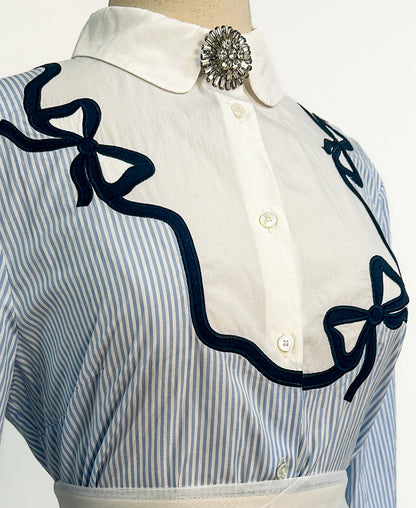 00s Cotton Pinstriped Button Up with Bows / Bust 36