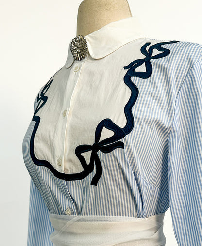 00s Cotton Pinstriped Button Up with Bows / Bust 36