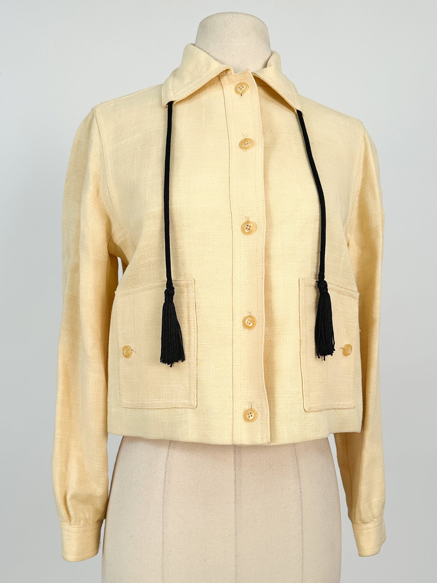 1950s Pale Yellow Linen Jacket with Tassels / Bust 36