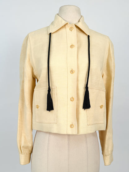 1950s Pale Yellow Linen Jacket with Tassels / Bust 36