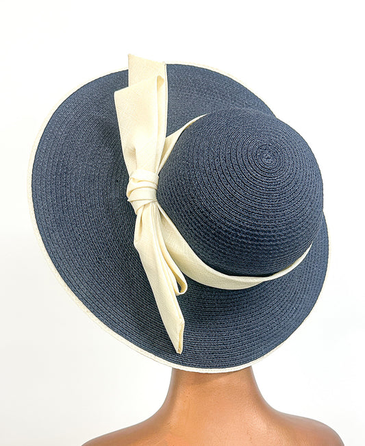 1960s Navy Straw Sun Hat with Large Bow by Mr. John
