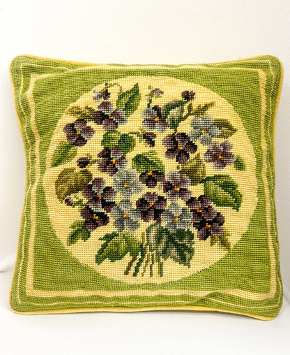 1940-50s Needlepoint Violets Throw Pillow