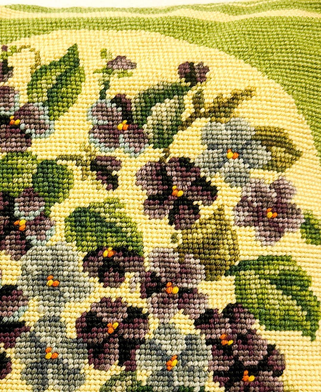 1940-50s Needlepoint Violets Throw Pillow