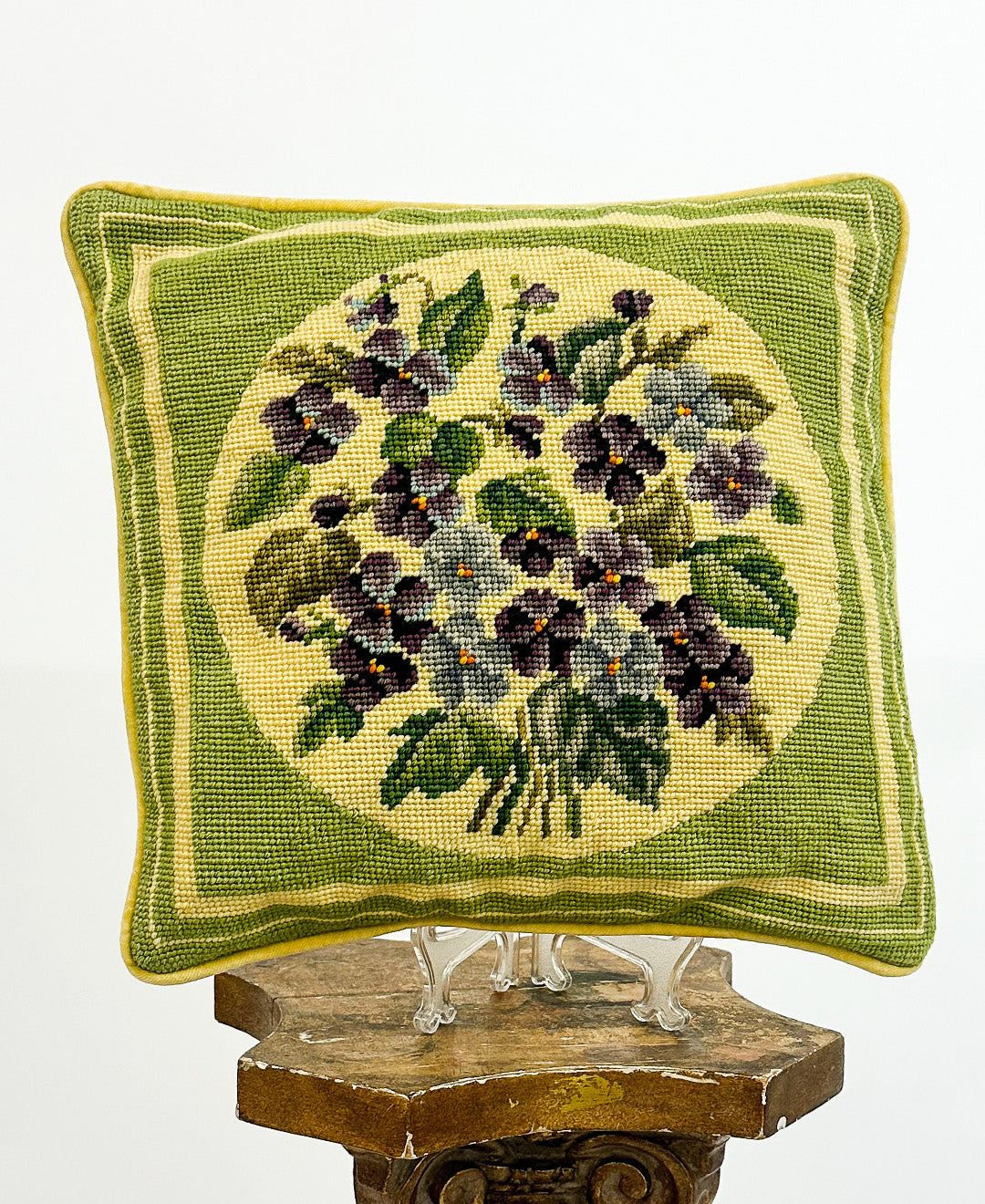 1940-50s Needlepoint Violets Throw Pillow