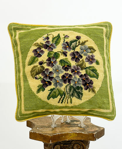 1940-50s Needlepoint Violets Throw Pillow