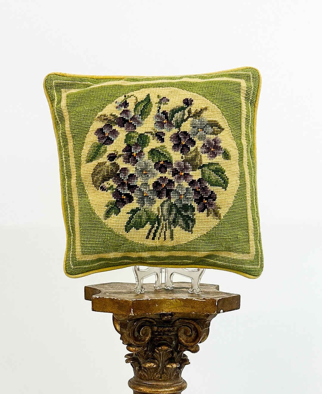 1940-50s Needlepoint Violets Throw Pillow