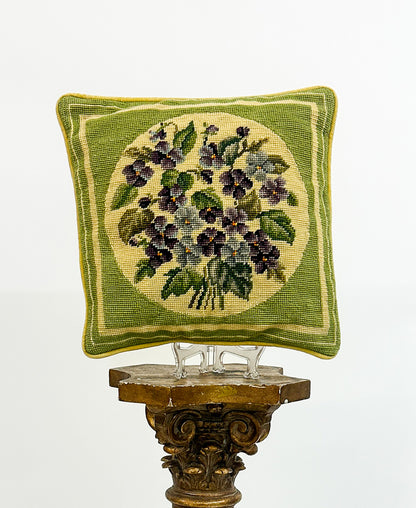 1940-50s Needlepoint Violets Throw Pillow