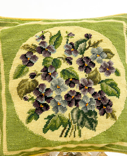 1940-50s Needlepoint Violets Throw Pillow