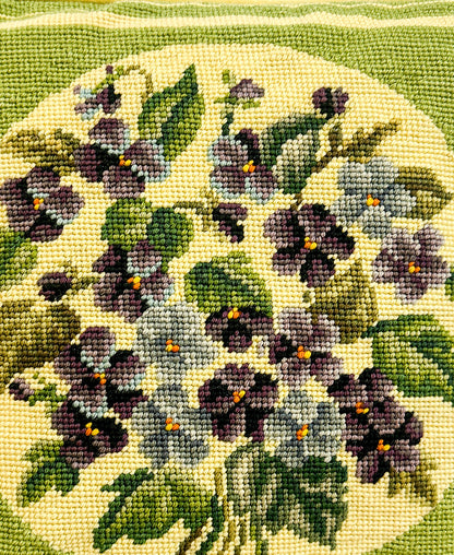 1940-50s Needlepoint Violets Throw Pillow