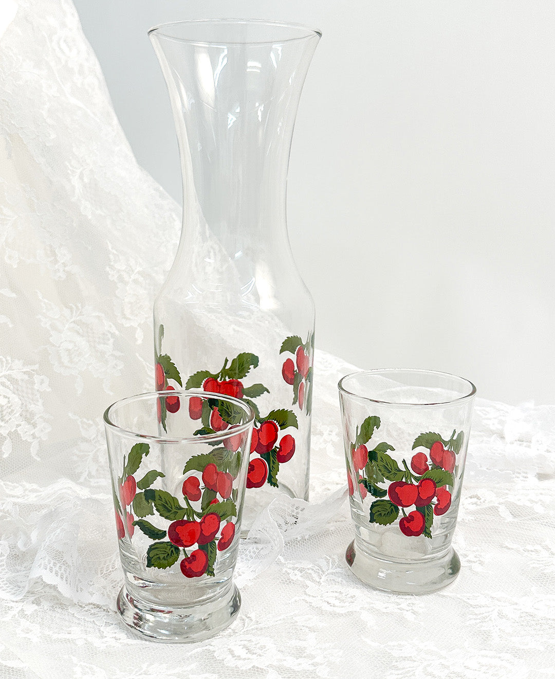 Vintage Painted Cherries Pitcher and Set of Glasses