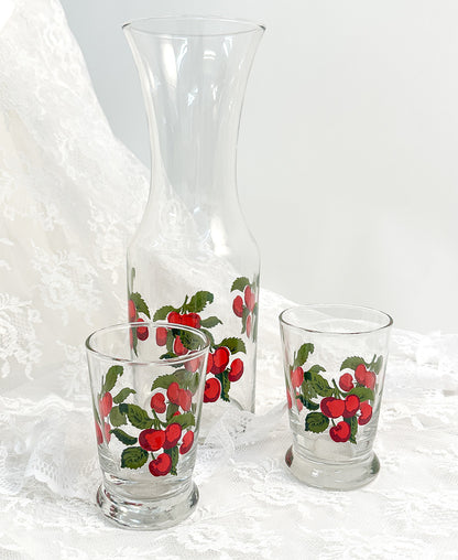 Vintage Painted Cherries Pitcher and Set of Glasses