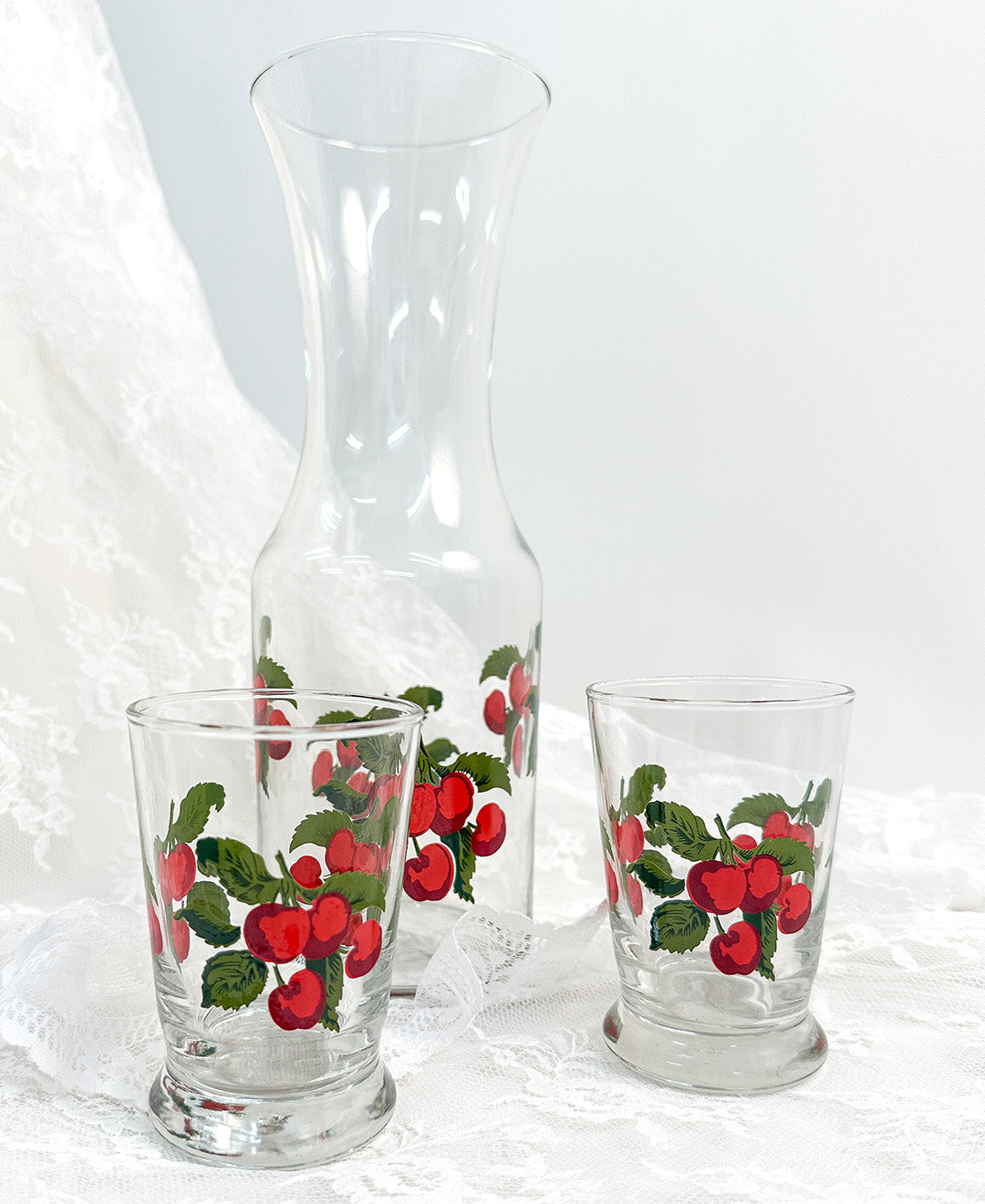 Vintage Painted Cherries Pitcher and Set of Glasses