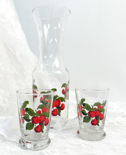 Vintage Painted Cherries Pitcher and Set of Glasses