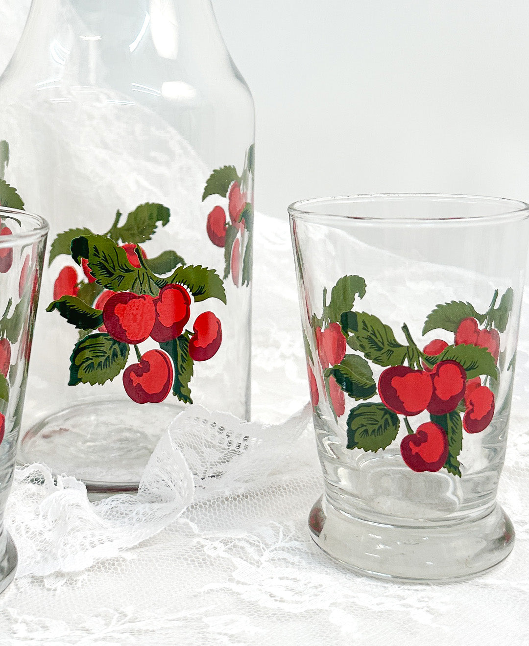 Vintage Painted Cherries Pitcher and Set of Glasses