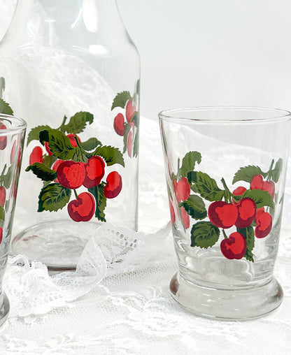 Vintage Painted Cherries Pitcher and Set of Glasses