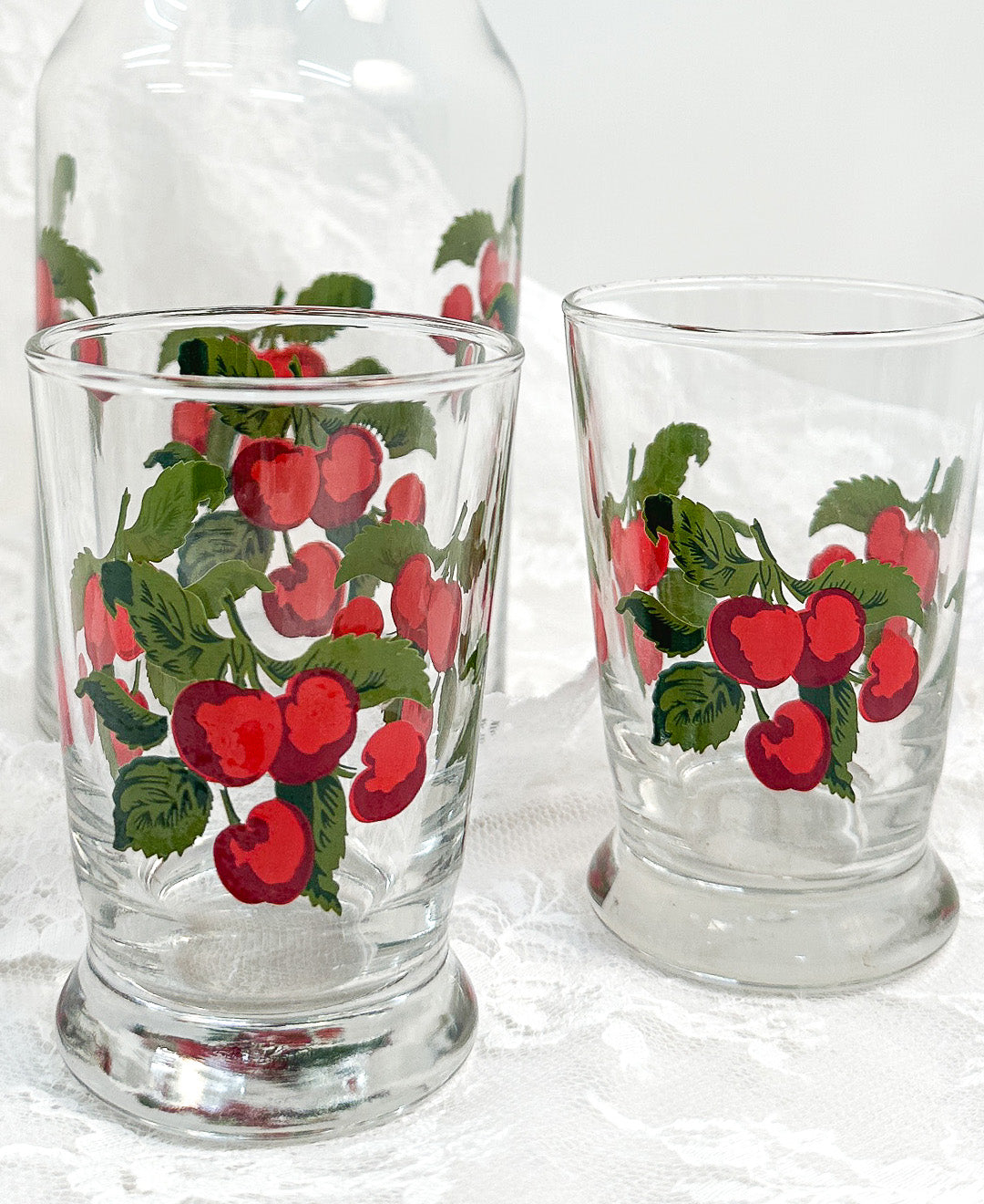 Vintage Painted Cherries Pitcher and Set of Glasses