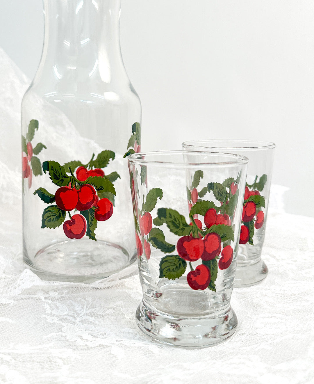 Vintage Painted Cherries Pitcher and Set of Glasses