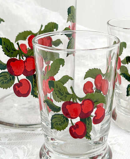 Vintage Painted Cherries Pitcher and Set of Glasses