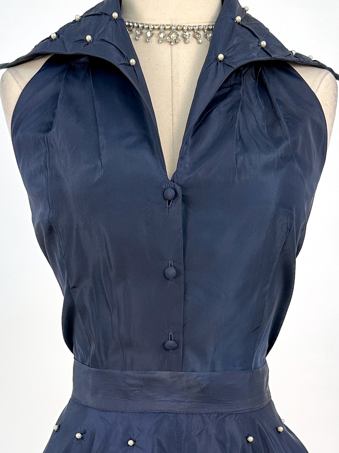 1950s Navy Taffeta Two-Piece Ensemble Adorned with Pearls / Waist 28