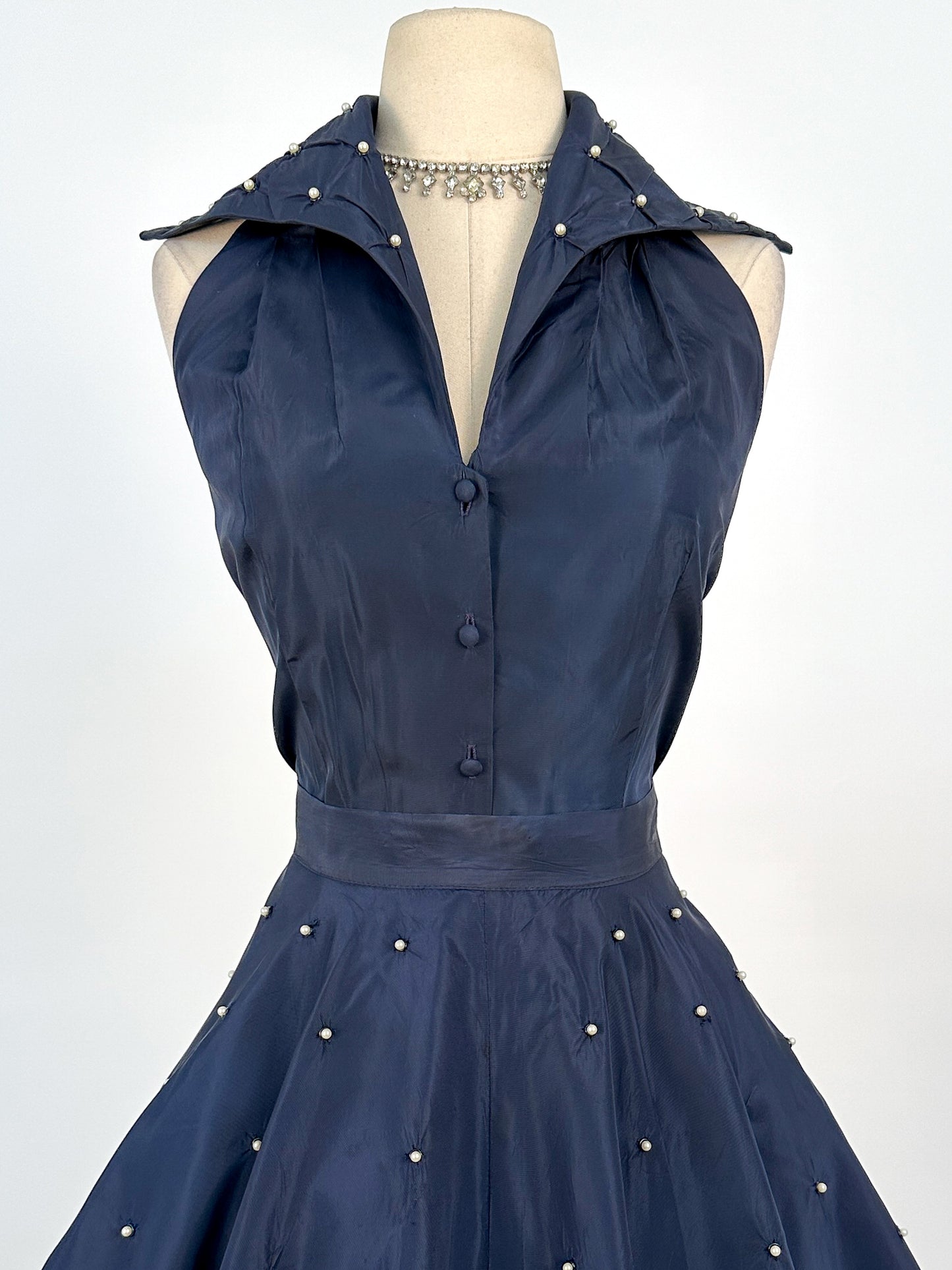 1950s Navy Taffeta Two-Piece Ensemble Adorned with Pearls / Waist 28