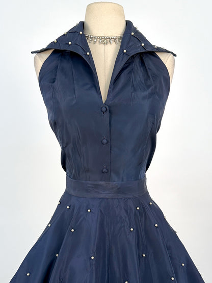 1950s Navy Taffeta Two-Piece Ensemble Adorned with Pearls / Waist 28