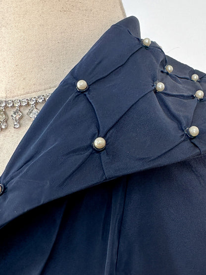 1950s Navy Taffeta Two-Piece Ensemble Adorned with Pearls / Waist 28