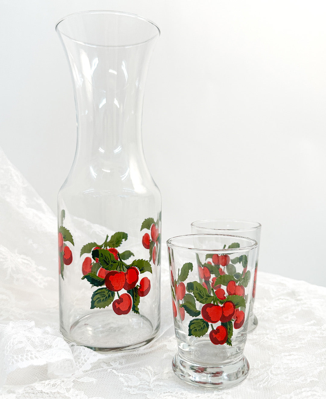 Vintage Painted Cherries Pitcher and Set of Glasses