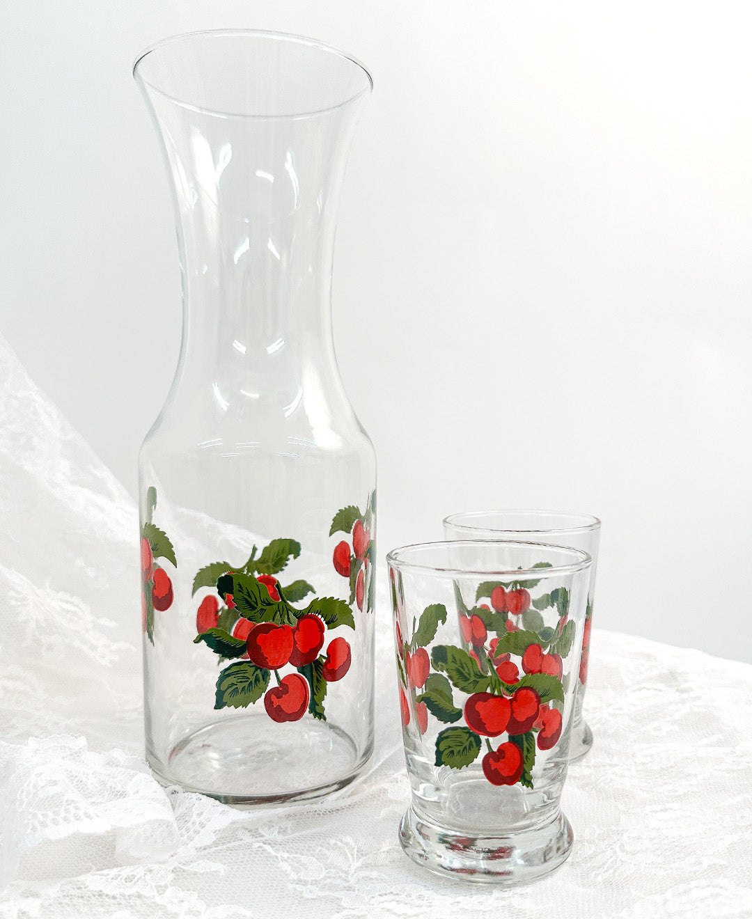 Vintage Painted Cherries Pitcher and Set of Glasses