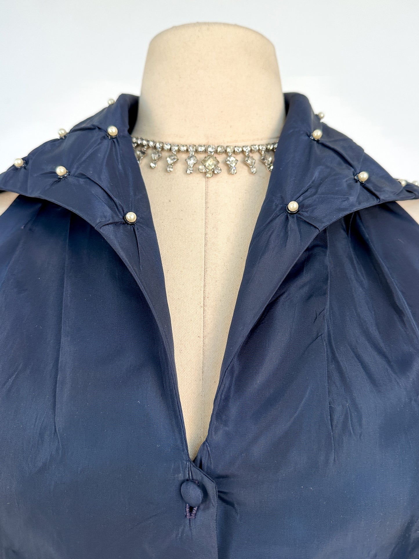 1950s Navy Taffeta Two-Piece Ensemble Adorned with Pearls / Waist 28