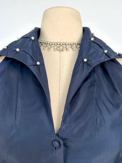 1950s Navy Taffeta Two-Piece Ensemble Adorned with Pearls / Waist 28