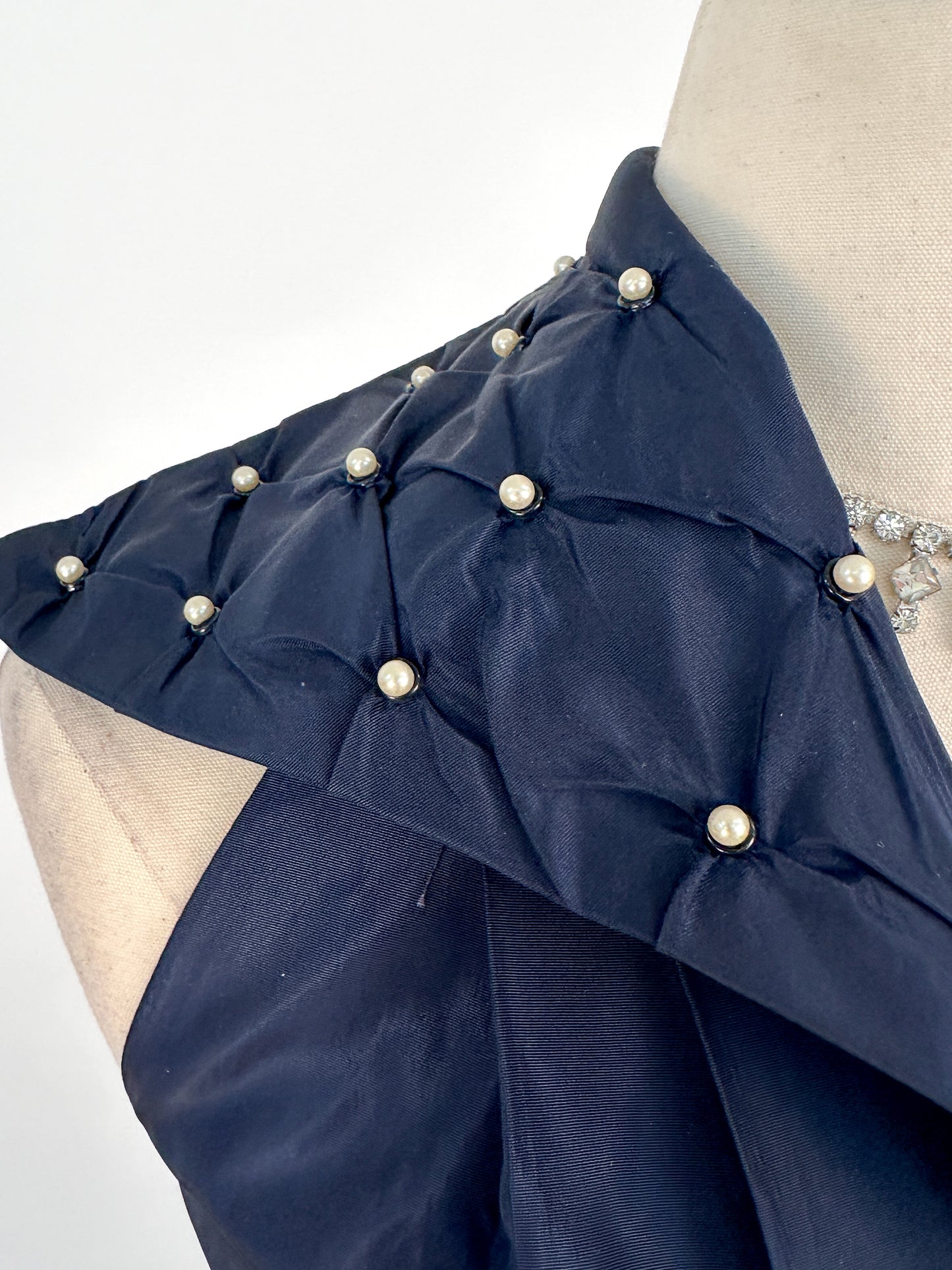 1950s Navy Taffeta Two-Piece Ensemble Adorned with Pearls / Waist 28