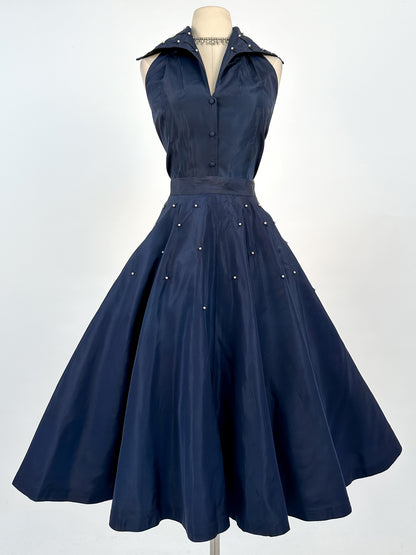 1950s Navy Taffeta Two-Piece Ensemble Adorned with Pearls / Waist 28