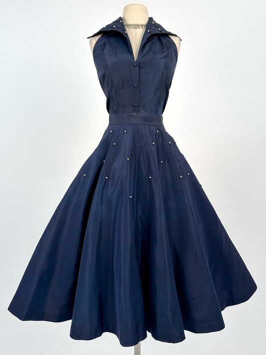 1950s Navy Taffeta Two-Piece Ensemble Adorned with Pearls / Waist 28