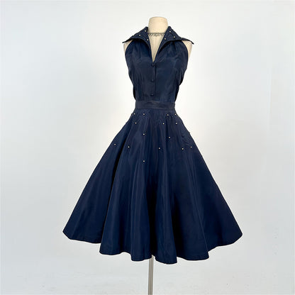 1950s Navy Taffeta Two-Piece Ensemble Adorned with Pearls / Waist 28