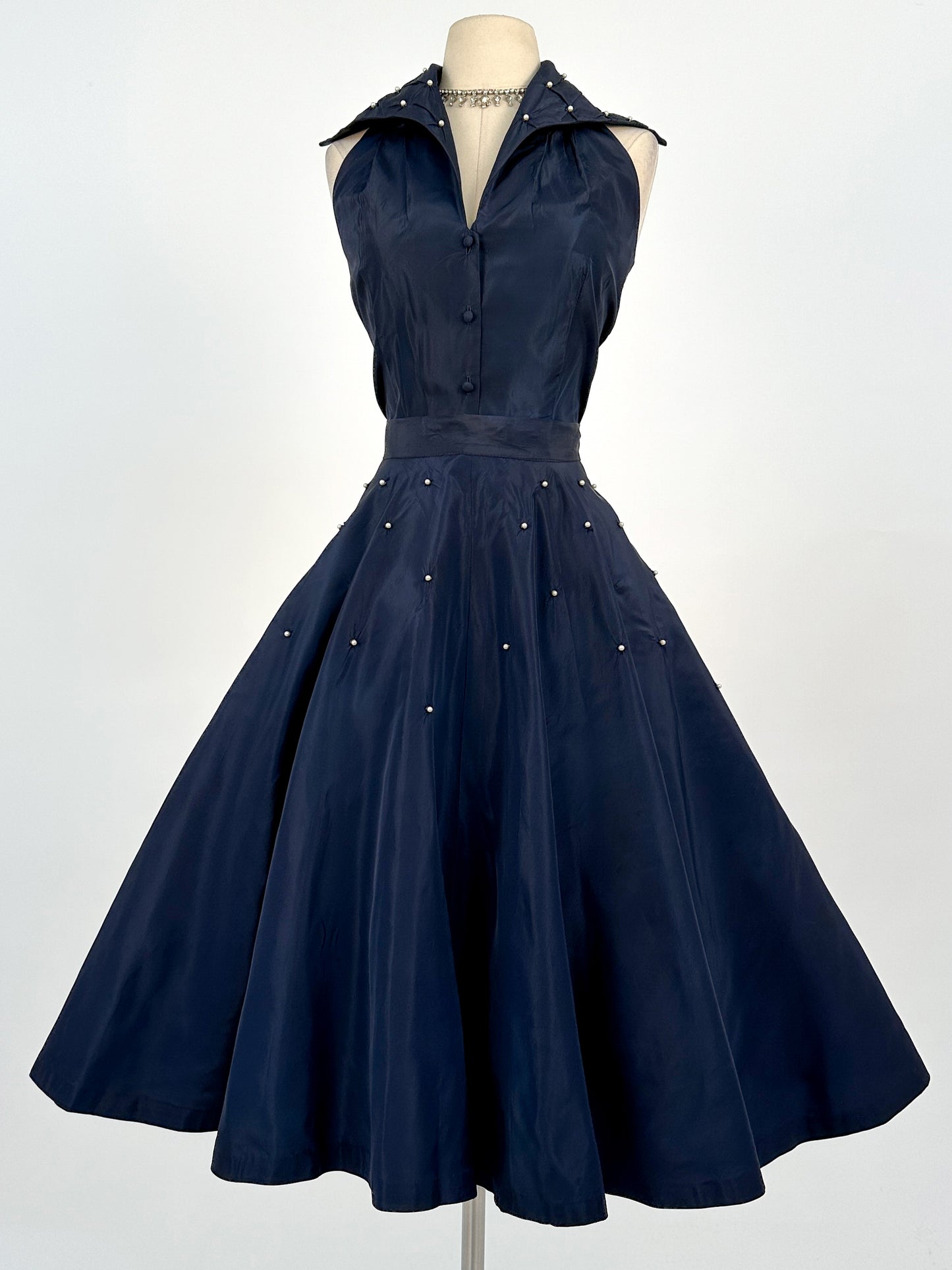 1950s Navy Taffeta Two-Piece Ensemble Adorned with Pearls / Waist 28