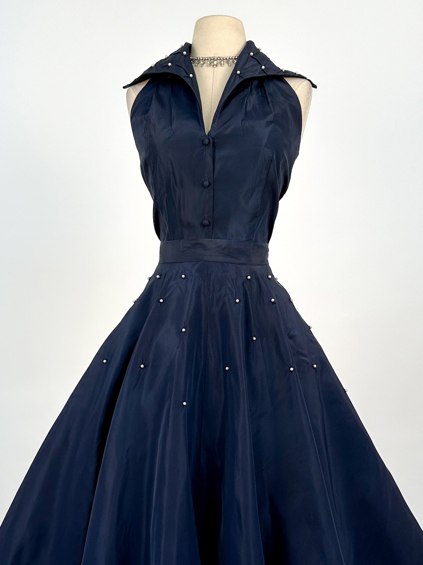 1950s Navy Taffeta Two-Piece Ensemble Adorned with Pearls / Waist 28