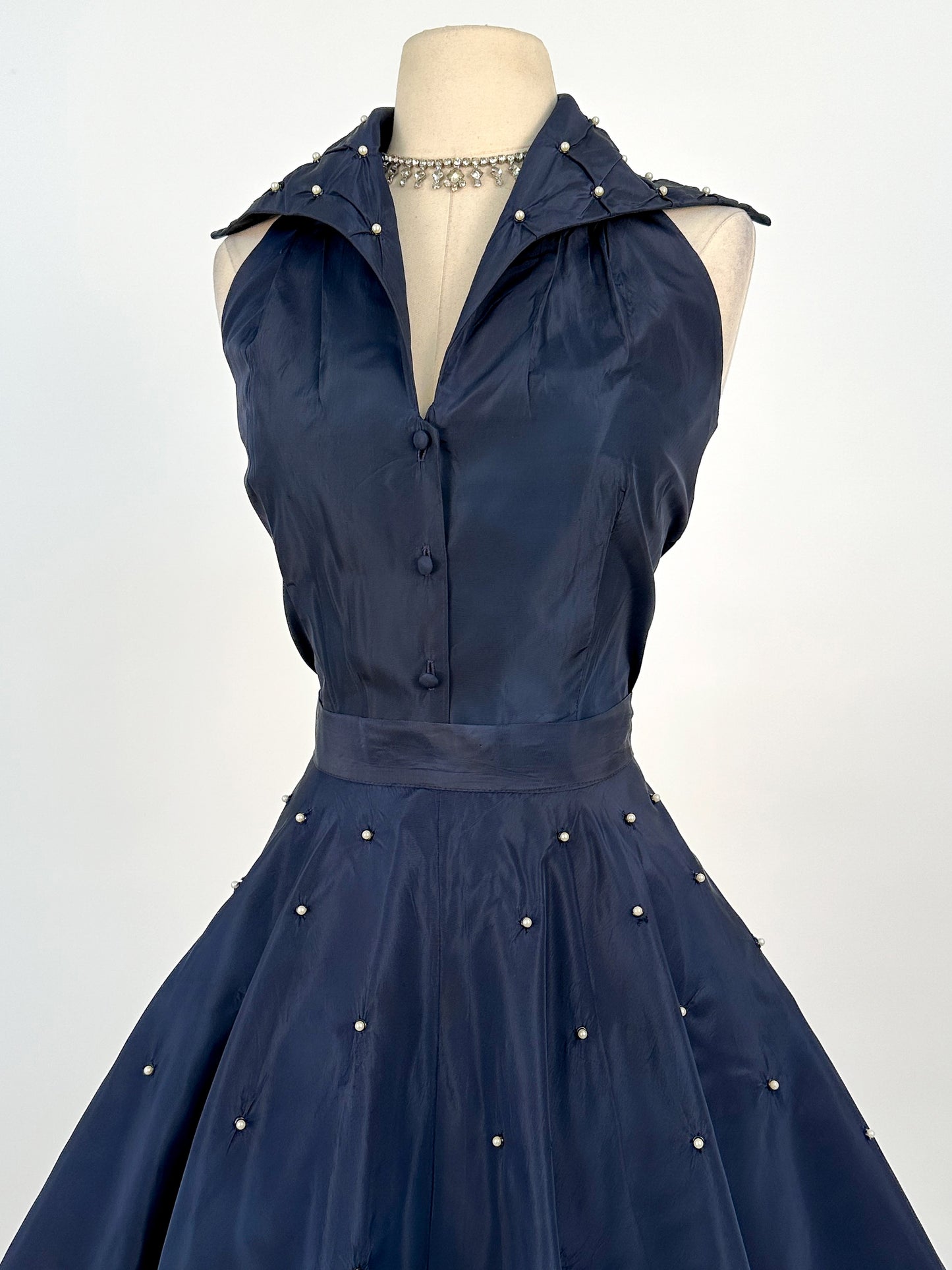 1950s Navy Taffeta Two-Piece Ensemble Adorned with Pearls / Waist 28