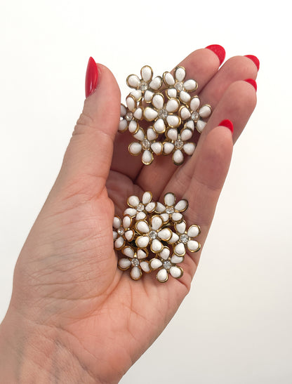 1950s White Floral Statement Earrings with Rhinestones / Clip-on