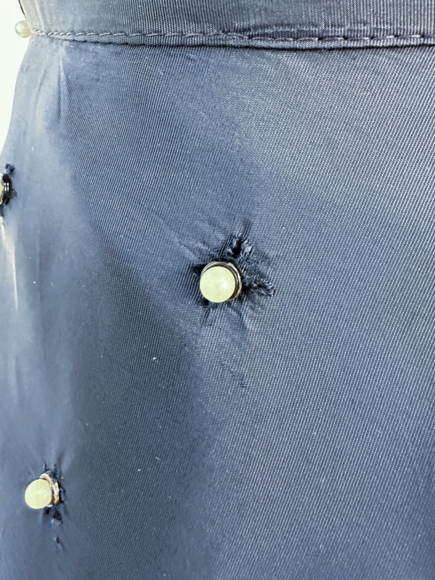 1950s Navy Taffeta Two-Piece Ensemble Adorned with Pearls / Waist 28