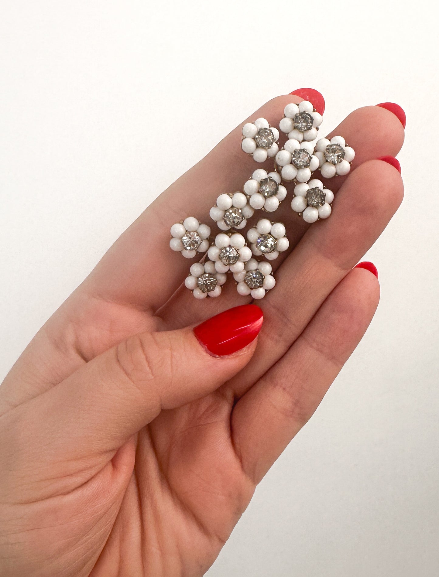 1960s White Petite Flower Statement Earrings with Rhinestone / Screw Backs