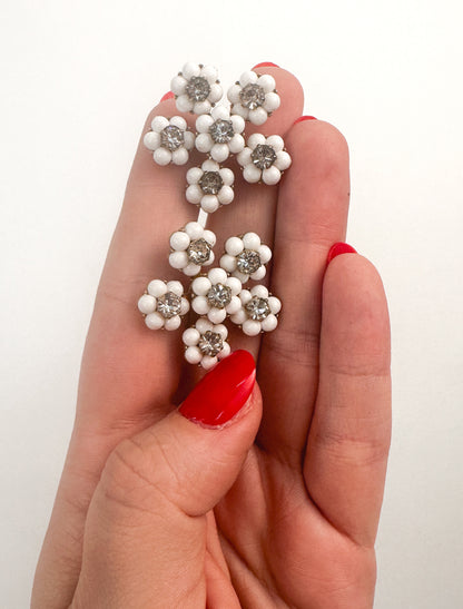 1960s White Petite Flower Statement Earrings with Rhinestone / Screw Backs