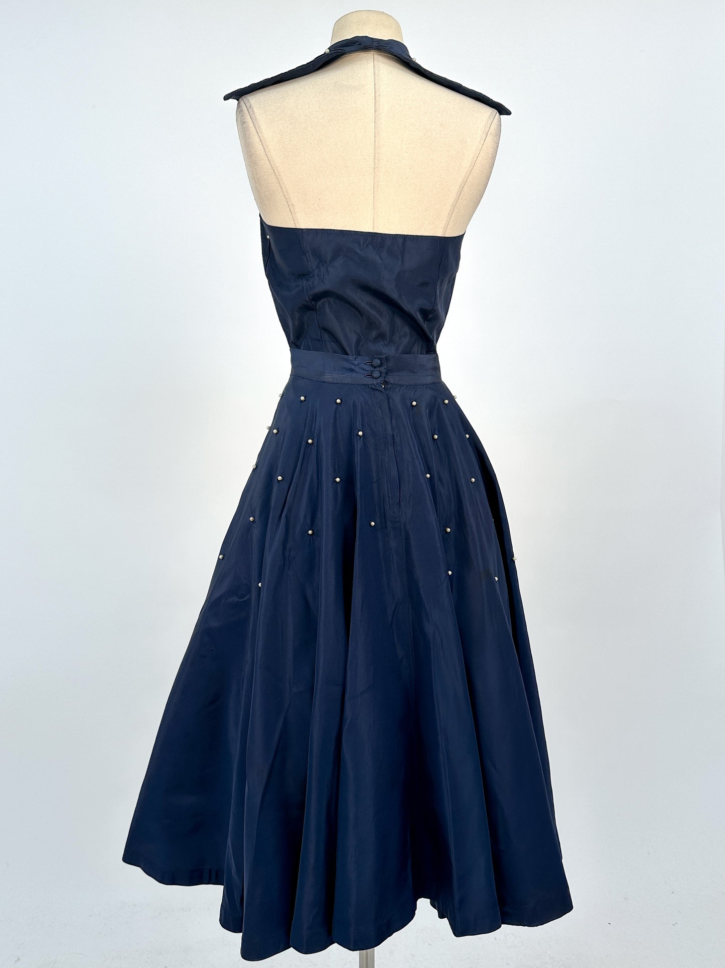 1950s Navy Taffeta Two-Piece Ensemble Adorned with Pearls / Waist 28