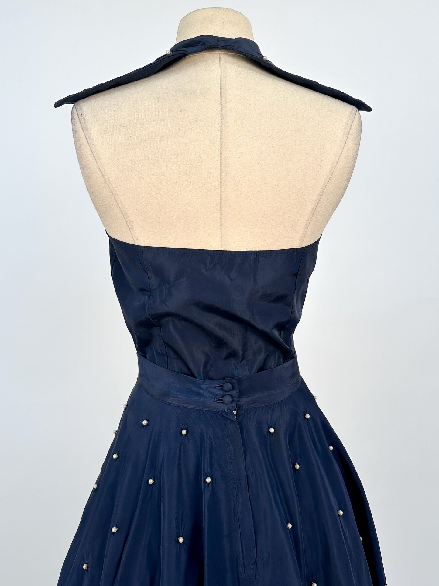1950s Navy Taffeta Two-Piece Ensemble Adorned with Pearls / Waist 28