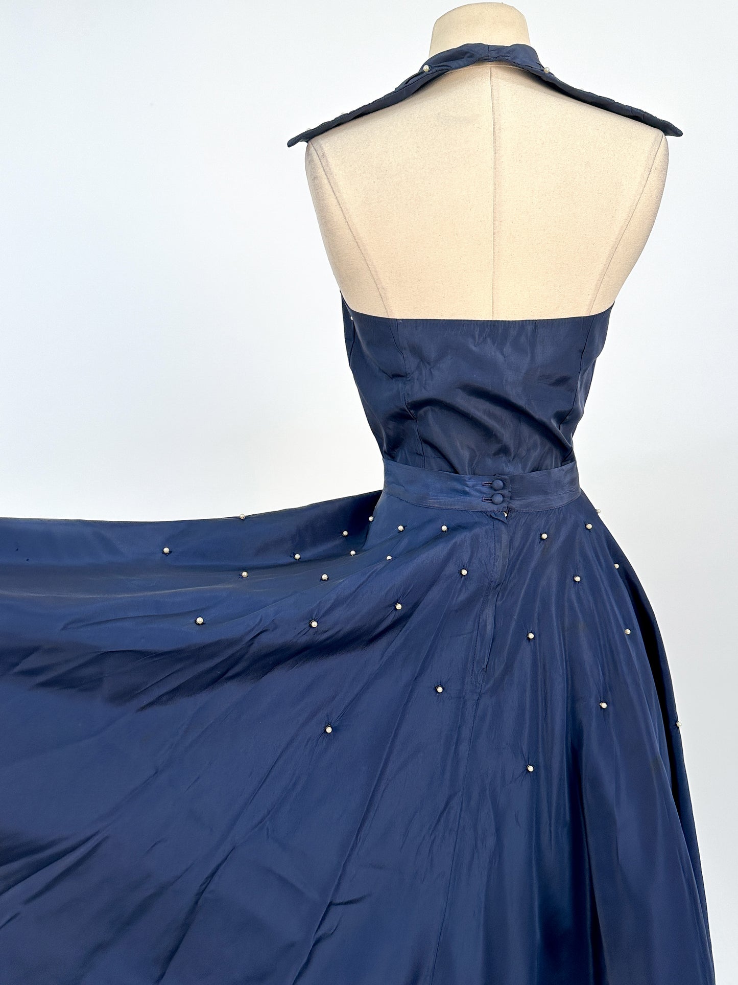 1950s Navy Taffeta Two-Piece Ensemble Adorned with Pearls / Waist 28