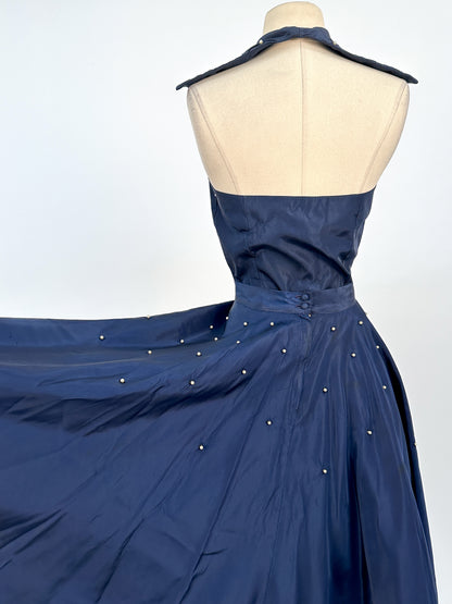 1950s Navy Taffeta Two-Piece Ensemble Adorned with Pearls / Waist 28